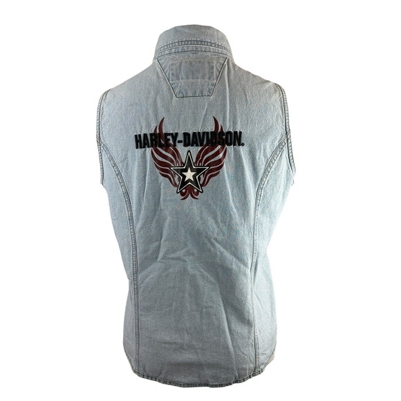 Harley Davidson Denim Vest Sleeveless Button Snap Shirt Blue Women's Size XL - Picture 3 of 12